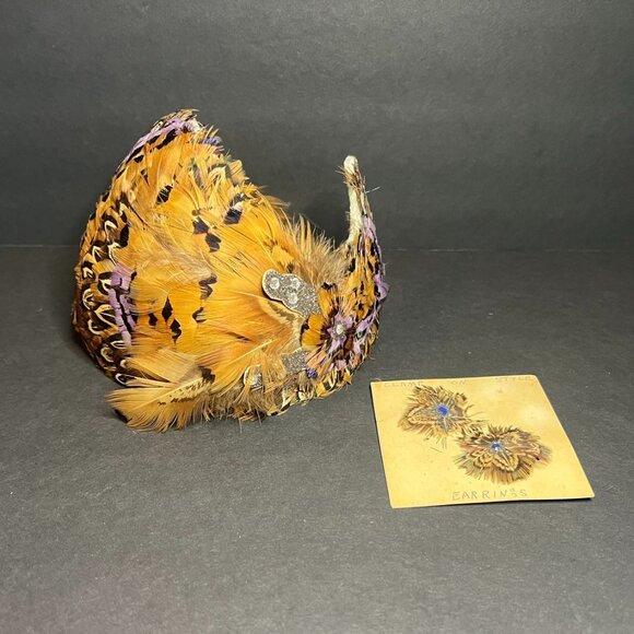 Vintage MCM Handmade by Sara Oehlerking Pheasant Fascinator Hat & Earrings Set - Picture 1 of 8